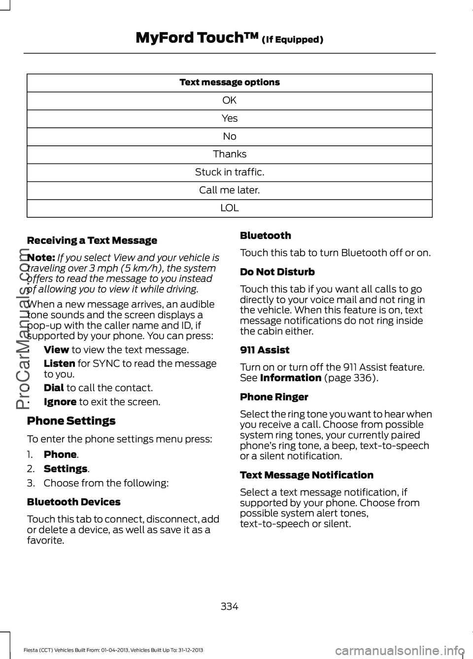 FORD FIESTA 2014 Owners Manual Text message options
OK
Yes No
Thanks
Stuck in traffic. Call me later. LOL
Receiving a Text Message
Note: If you select View and your vehicle is
traveling over 3 mph (5 km/h), the system
offers to rea FORD FIESTA 2014 Owners Manual Text message options
OK
Yes No
Thanks
Stuck in traffic. Call me later. LOL
Receiving a Text Message
Note: If you select View and your vehicle is
traveling over 3 mph (5 km/h), the system
offers to rea