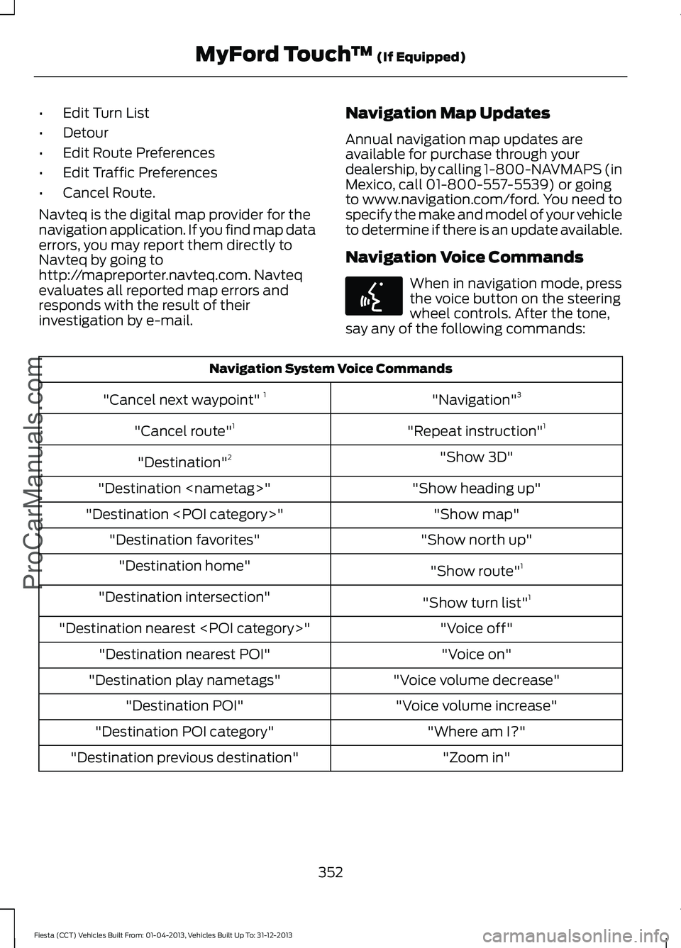 FORD FIESTA 2014 Owners Manual •
Edit Turn List
• Detour
• Edit Route Preferences
• Edit Traffic Preferences
• Cancel Route.
Navteq is the digital map provider for the
navigation application. If you find map data
errors, FORD FIESTA 2014 Owners Manual •
Edit Turn List
• Detour
• Edit Route Preferences
• Edit Traffic Preferences
• Cancel Route.
Navteq is the digital map provider for the
navigation application. If you find map data
errors,