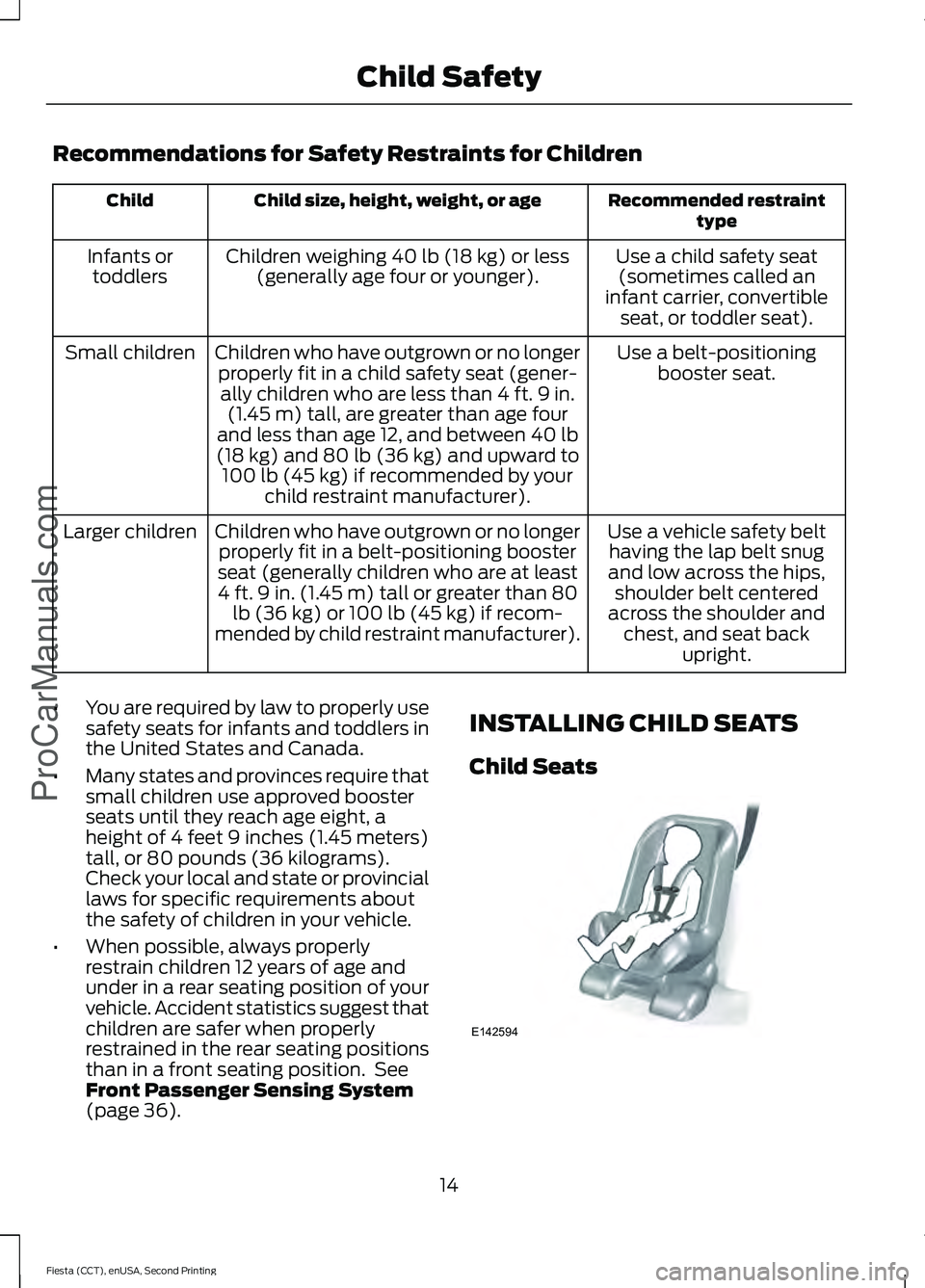 FORD FIESTA 2015  Owners Manual Recommendations for Safety Restraints for Children
Recommended restraint
type
Child size, height, weight, or age
Child
Use a child safety seat(sometimes called an
infant carrier, convertible seat, or 