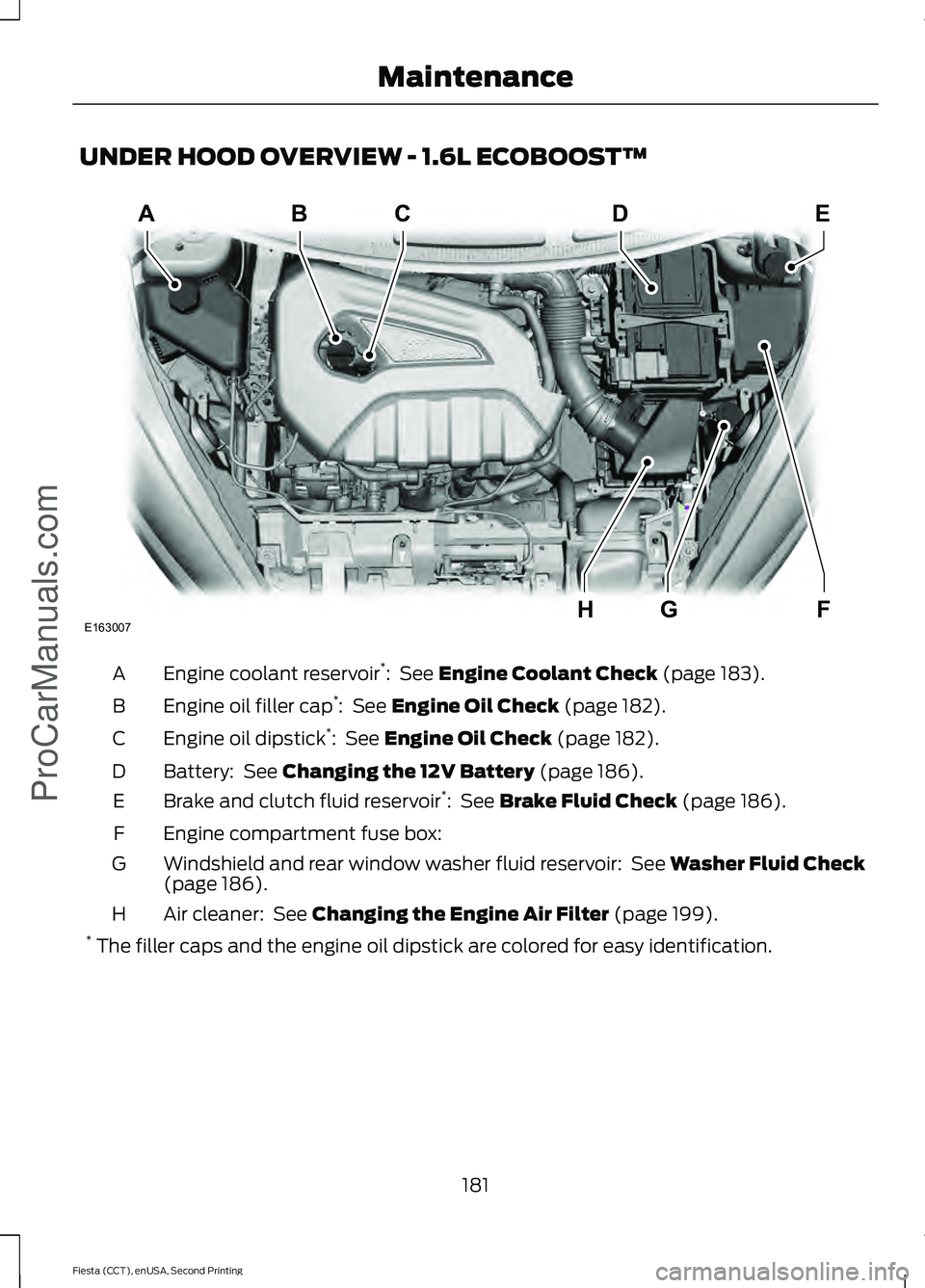 FORD FIESTA 2015  Owners Manual UNDER HOOD OVERVIEW - 1.6L ECOBOOST™
Engine coolant reservoir
*
:  See Engine Coolant Check (page 183).
A
Engine oil filler cap *
: 
 See Engine Oil Check (page 182).
B
Engine oil dipstick *
: 
 See