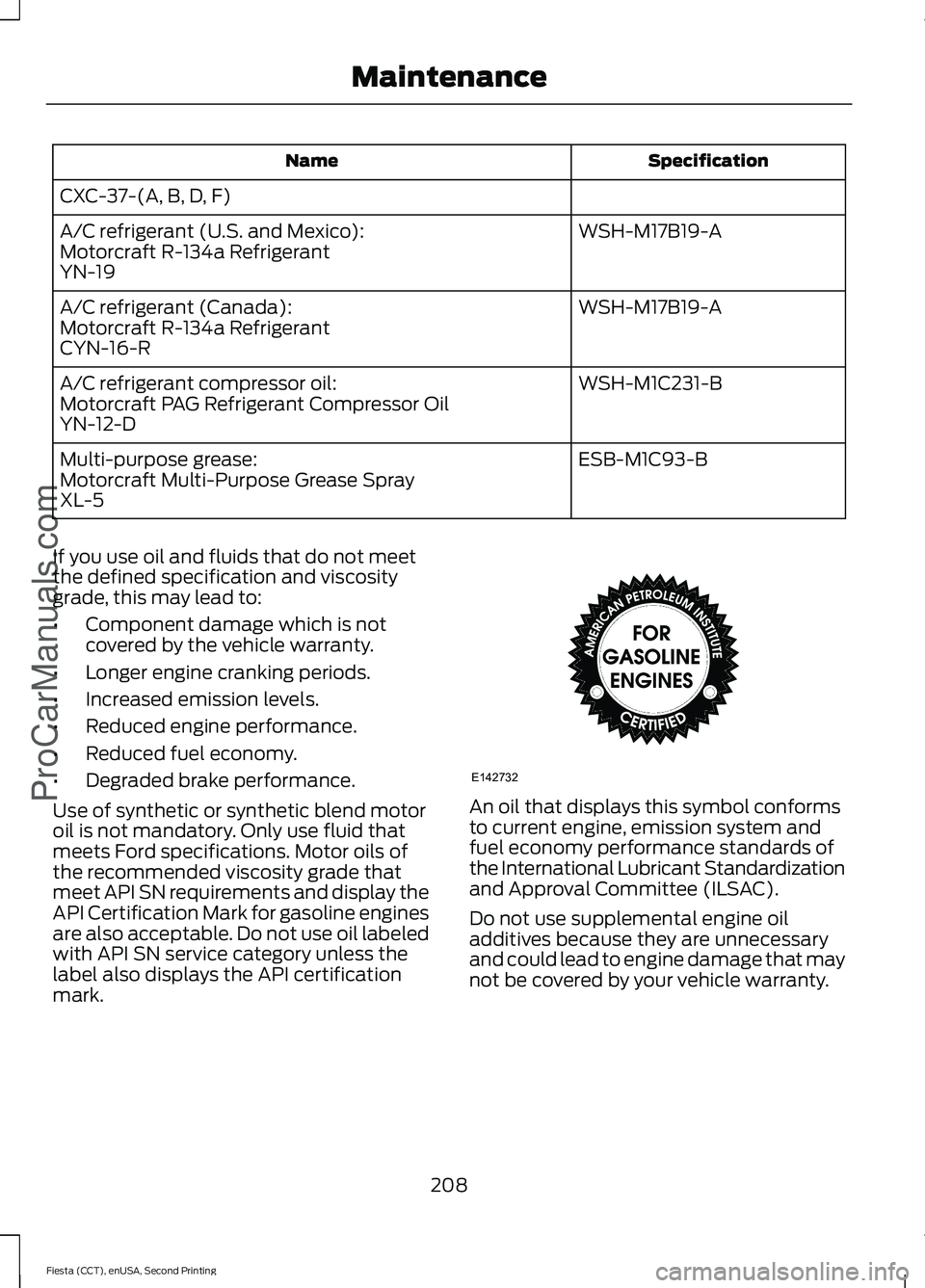 FORD FIESTA 2015  Owners Manual Specification
Name
CXC-37-(A, B, D, F) WSH-M17B19-A
A/C refrigerant (U.S. and Mexico):
Motorcraft R-134a Refrigerant
YN-19
WSH-M17B19-A
A/C refrigerant (Canada):
Motorcraft R-134a Refrigerant
CYN-16-R