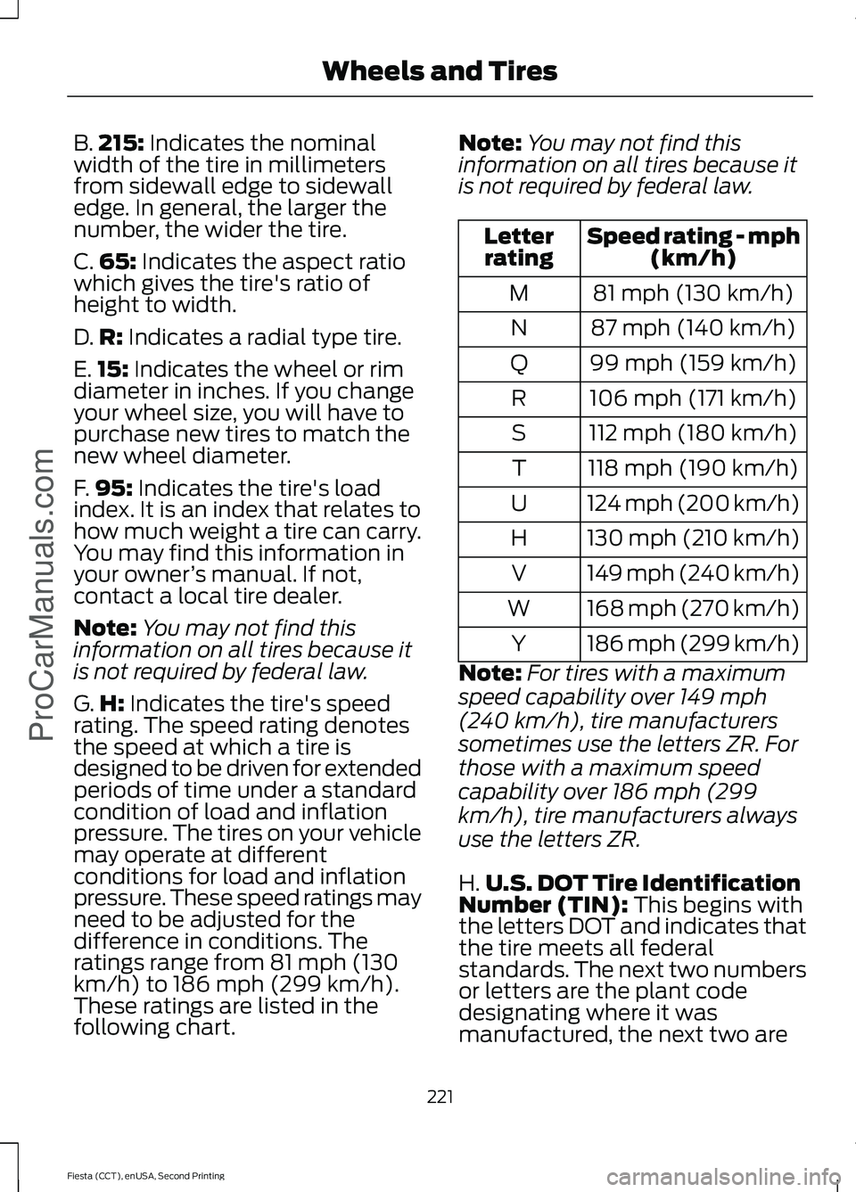 FORD FIESTA 2015  Owners Manual B.
215: Indicates the nominal
width of the tire in millimeters
from sidewall edge to sidewall
edge. In general, the larger the
number, the wider the tire.
C. 65:
 Indicates the aspect ratio
which give