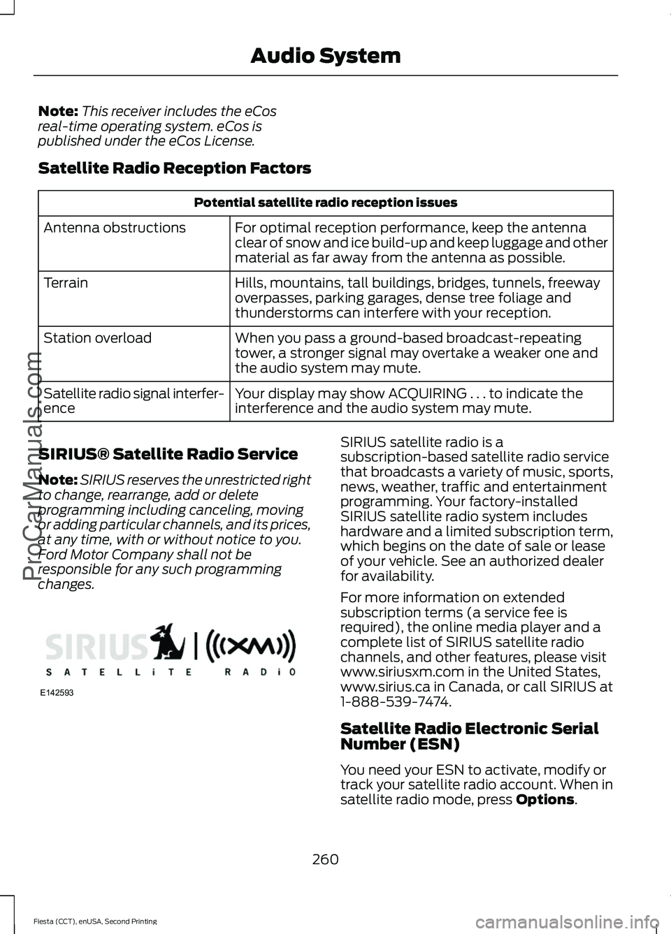 FORD FIESTA 2015 Owners Manual Note:
This receiver includes the eCos
real-time operating system. eCos is
published under the eCos License.
Satellite Radio Reception Factors Potential satellite radio reception issues
For optimal rec FORD FIESTA 2015 Owners Manual Note:
This receiver includes the eCos
real-time operating system. eCos is
published under the eCos License.
Satellite Radio Reception Factors Potential satellite radio reception issues
For optimal rec