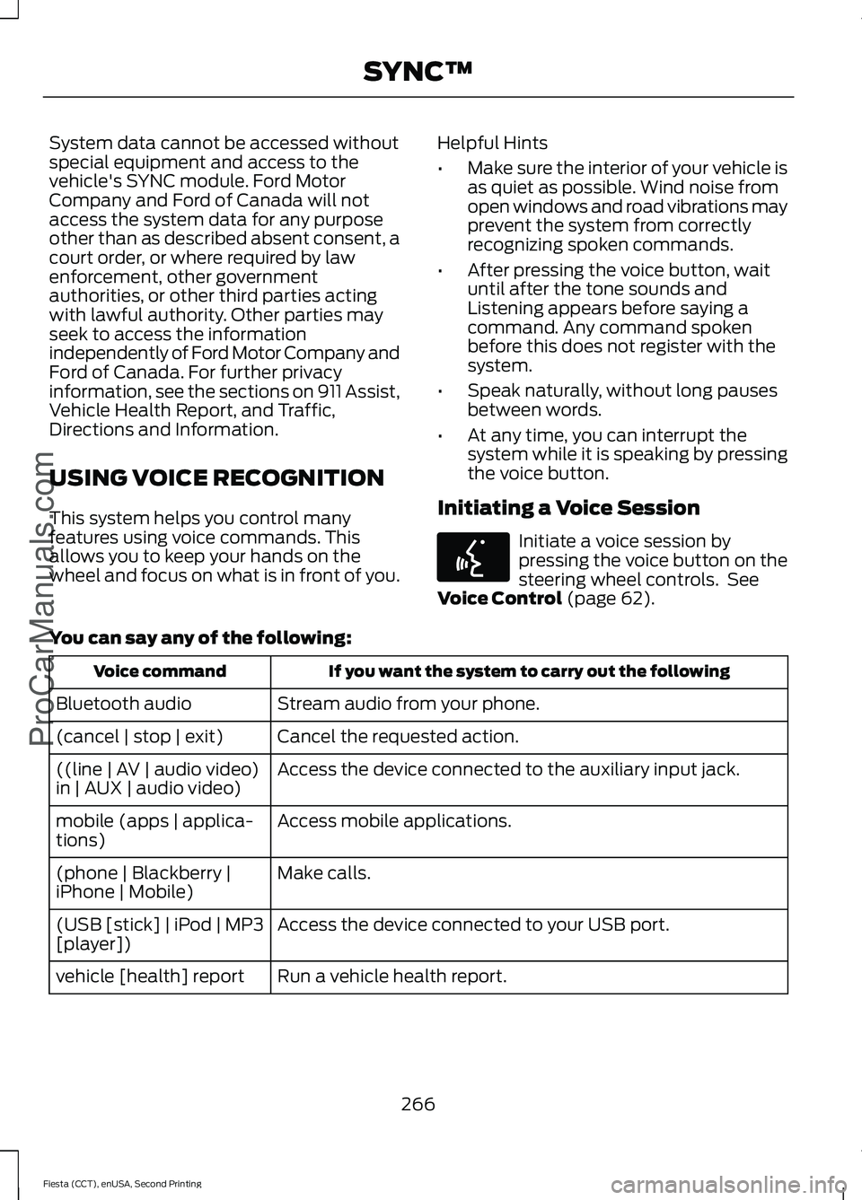 FORD FIESTA 2015 Owners Manual System data cannot be accessed without
special equipment and access to the
vehicle's SYNC module. Ford Motor
Company and Ford of Canada will not
access the system data for any purpose
other than a FORD FIESTA 2015 Owners Manual System data cannot be accessed without
special equipment and access to the
vehicle's SYNC module. Ford Motor
Company and Ford of Canada will not
access the system data for any purpose
other than a