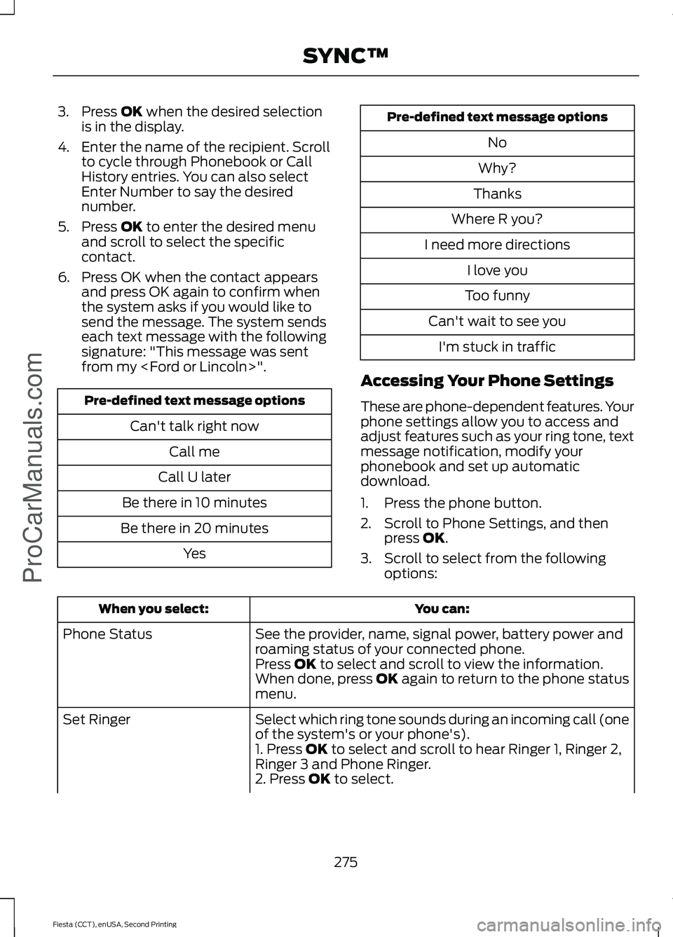 FORD FIESTA 2015  Owners Manual 3. Press OK when the desired selection
is in the display.
4. Enter the name of the recipient. Scroll to cycle through Phonebook or Call
History entries. You can also select
Enter Number to say the des