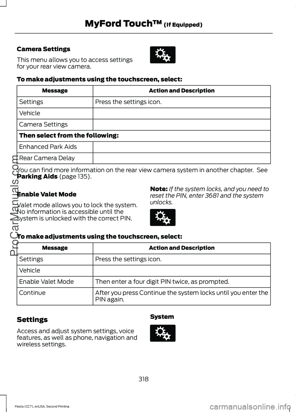 FORD FIESTA 2015 Owners Manual Camera Settings
This menu allows you to access settings
for your rear view camera.
To make adjustments using the touchscreen, select:
Action and Description
Message
Press the settings icon.
Settings
V FORD FIESTA 2015 Owners Manual Camera Settings
This menu allows you to access settings
for your rear view camera.
To make adjustments using the touchscreen, select:
Action and Description
Message
Press the settings icon.
Settings
V