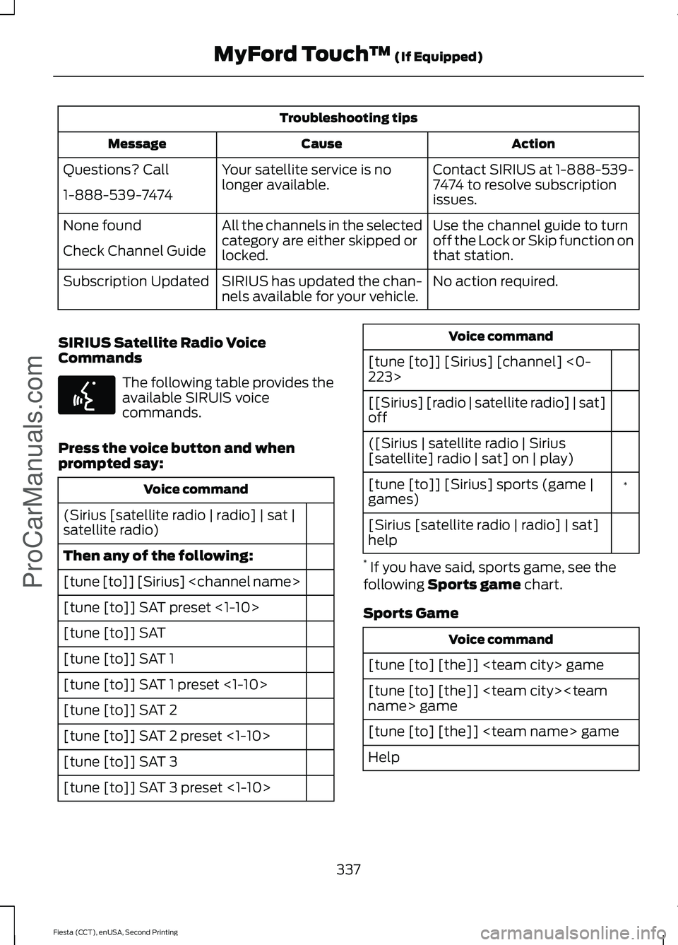 FORD FIESTA 2015 Owners Manual Troubleshooting tips
Action
Cause
Message
Contact SIRIUS at 1-888-539-
7474 to resolve subscription
issues.
Your satellite service is no
longer available.
Questions? Call
1-888-539-7474
Use the channe FORD FIESTA 2015 Owners Manual Troubleshooting tips
Action
Cause
Message
Contact SIRIUS at 1-888-539-
7474 to resolve subscription
issues.
Your satellite service is no
longer available.
Questions? Call
1-888-539-7474
Use the channe