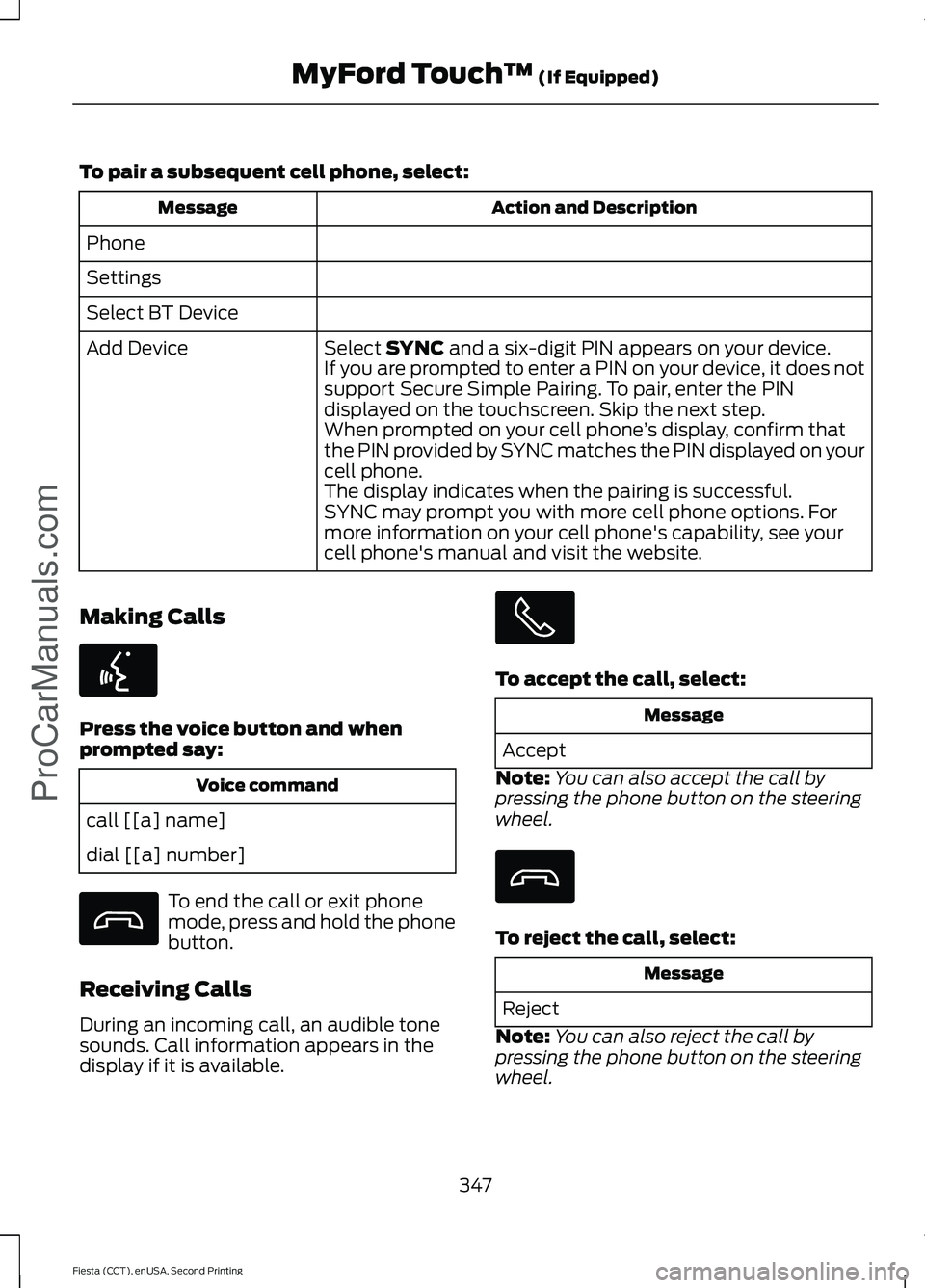 FORD FIESTA 2015 Owners Manual To pair a subsequent cell phone, select:
Action and Description
Message
Phone
Settings
Select BT Device Select SYNC and a six-digit PIN appears on your device.
Add Device
If you are prompted to enter FORD FIESTA 2015 Owners Manual To pair a subsequent cell phone, select:
Action and Description
Message
Phone
Settings
Select BT Device Select SYNC and a six-digit PIN appears on your device.
Add Device
If you are prompted to enter