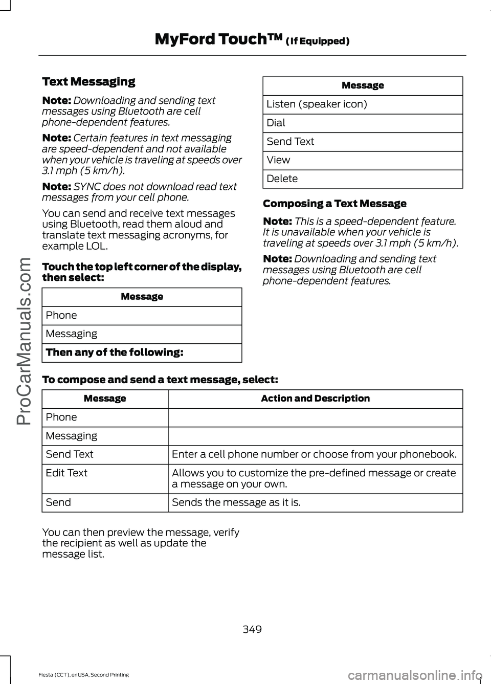 FORD FIESTA 2015 Owners Manual Text Messaging
Note:
Downloading and sending text
messages using Bluetooth are cell
phone-dependent features.
Note: Certain features in text messaging
are speed-dependent and not available
when your v FORD FIESTA 2015 Owners Manual Text Messaging
Note:
Downloading and sending text
messages using Bluetooth are cell
phone-dependent features.
Note: Certain features in text messaging
are speed-dependent and not available
when your v