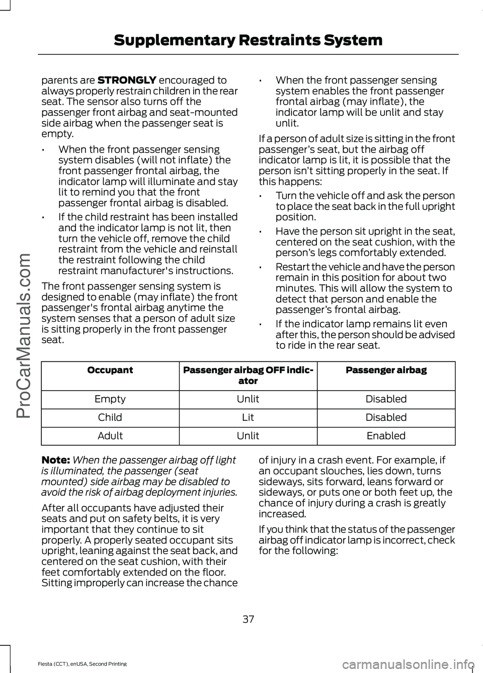 FORD FIESTA 2015 Owners Guide parents are STRONGLY encouraged to
always properly restrain children in the rear
seat. The sensor also turns off the
passenger front airbag and seat-mounted
side airbag when the passenger seat is
empt FORD FIESTA 2015 Owners Guide parents are STRONGLY encouraged to
always properly restrain children in the rear
seat. The sensor also turns off the
passenger front airbag and seat-mounted
side airbag when the passenger seat is
empt