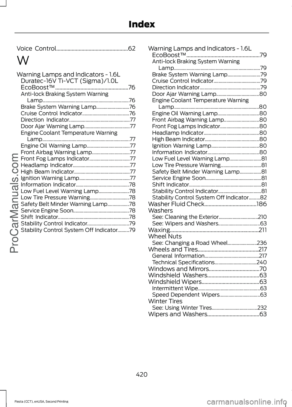 FORD FIESTA 2015  Owners Manual Voice Control...................................................62
W
Warning Lamps and Indicators - 1.6L
Duratec-16V Ti-VCT (Sigma)/1.0L
EcoBoost™....................................................