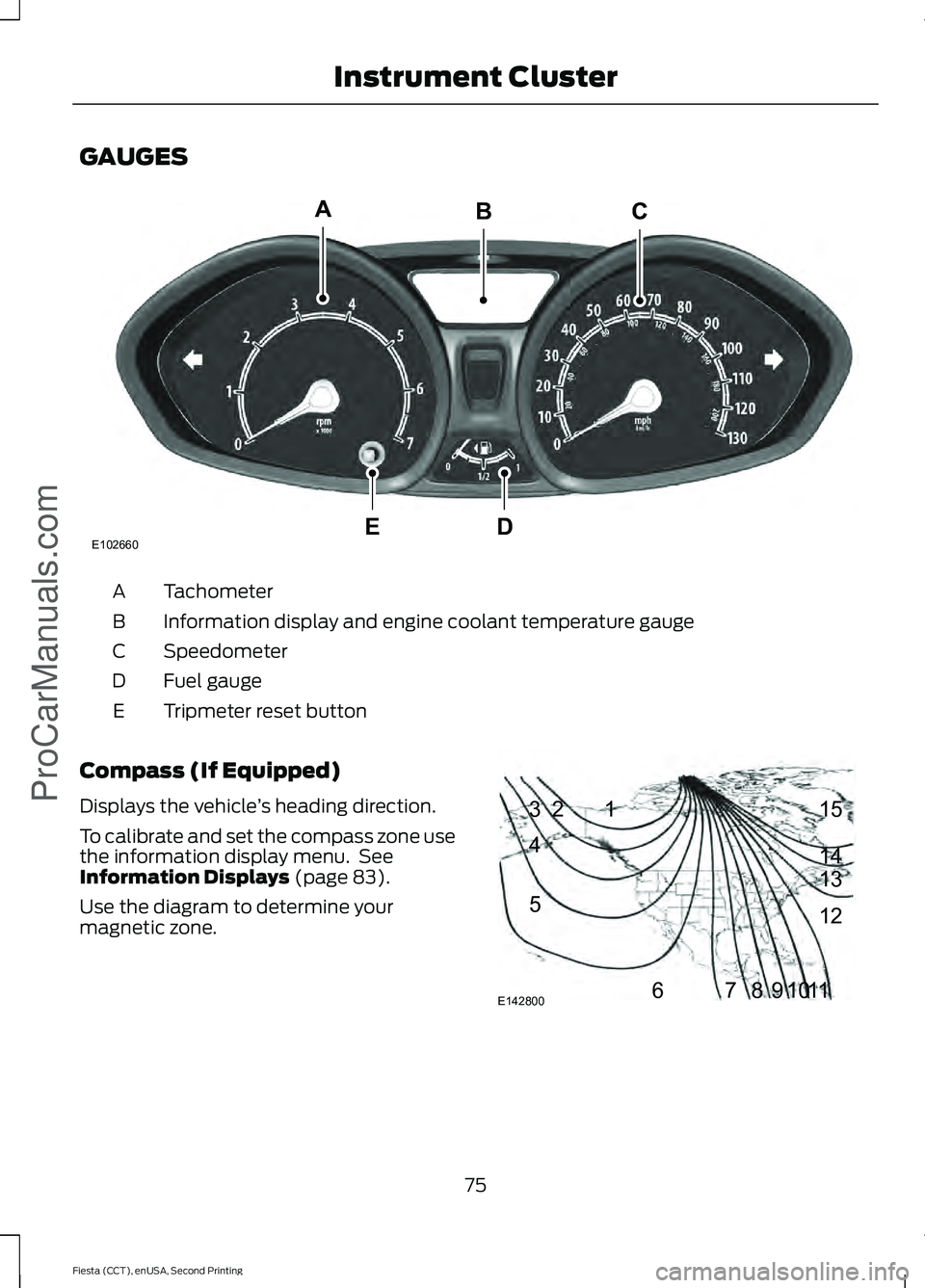 FORD FIESTA 2015 Manual PDF GAUGES
Tachometer
A
Information display and engine coolant temperature gauge
B
Speedometer
C
Fuel gauge
D
Tripmeter reset button
E
Compass (If Equipped)
Displays the vehicle ’s heading direction.
To