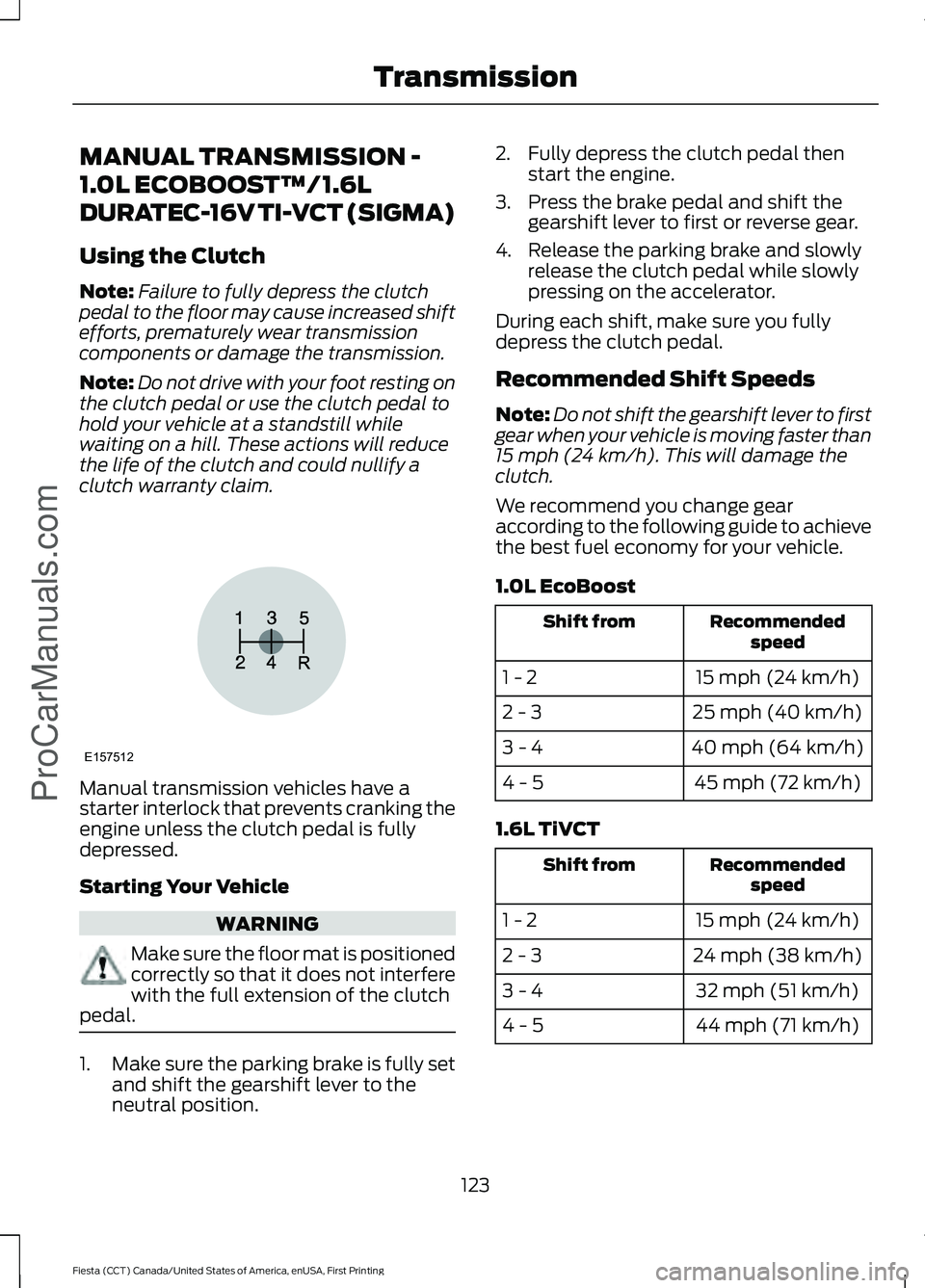 FORD FIESTA 2016 Owners Manual MANUAL TRANSMISSION -
1.0L ECOBOOST™/1.6L
DURATEC-16V TI-VCT (SIGMA)
Using the Clutch
Note:
Failure to fully depress the clutch
pedal to the floor may cause increased shift
efforts, prematurely wear FORD FIESTA 2016 Owners Manual MANUAL TRANSMISSION -
1.0L ECOBOOST™/1.6L
DURATEC-16V TI-VCT (SIGMA)
Using the Clutch
Note:
Failure to fully depress the clutch
pedal to the floor may cause increased shift
efforts, prematurely wear