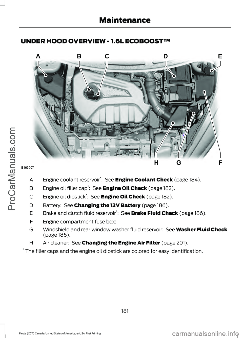 FORD FIESTA 2016  Owners Manual UNDER HOOD OVERVIEW - 1.6L ECOBOOST™
Engine coolant reservoir
*
:  See Engine Coolant Check (page 184).
A
Engine oil filler cap *
: 
 See Engine Oil Check (page 182).
B
Engine oil dipstick *
: 
 See