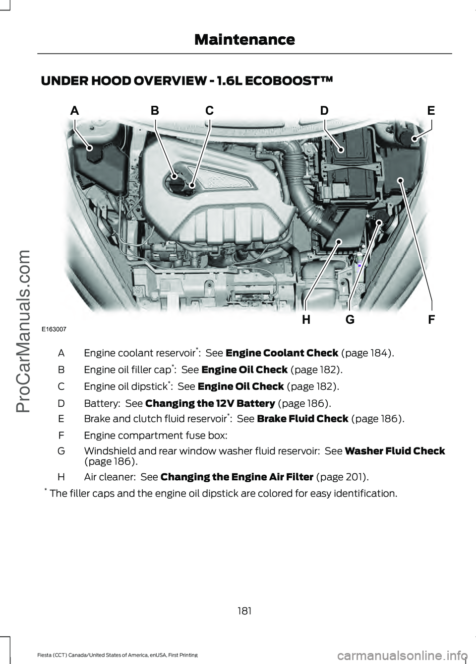 FORD FIESTA 2016 Owners Manual UNDER HOOD OVERVIEW - 1.6L ECOBOOST™
Engine coolant reservoir
*
: See Engine Coolant Check (page 184).
A
Engine oil filler cap *
:
See Engine Oil Check (page 182).
B
Engine oil dipstick *
:
See FORD FIESTA 2016 Owners Manual UNDER HOOD OVERVIEW - 1.6L ECOBOOST™
Engine coolant reservoir
*
: See Engine Coolant Check (page 184).
A
Engine oil filler cap *
:
See Engine Oil Check (page 182).
B
Engine oil dipstick *
:
See