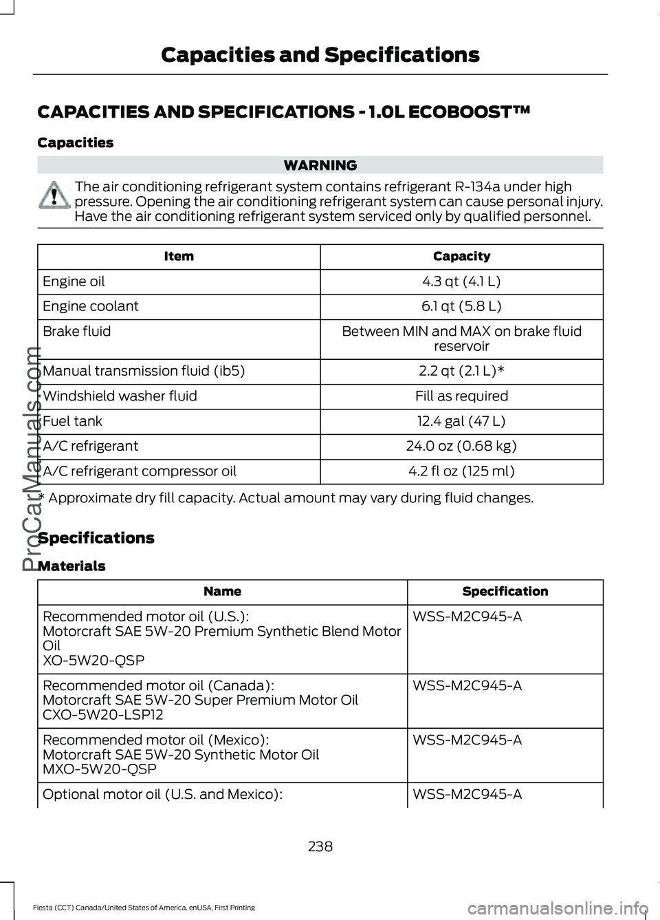 FORD FIESTA 2016 Owners Manual CAPACITIES AND SPECIFICATIONS - 1.0L ECOBOOST™
Capacities
WARNING
The air conditioning refrigerant system contains refrigerant R-134a under high
pressure. Opening the air conditioning refrigerant sy FORD FIESTA 2016 Owners Manual CAPACITIES AND SPECIFICATIONS - 1.0L ECOBOOST™
Capacities
WARNING
The air conditioning refrigerant system contains refrigerant R-134a under high
pressure. Opening the air conditioning refrigerant sy