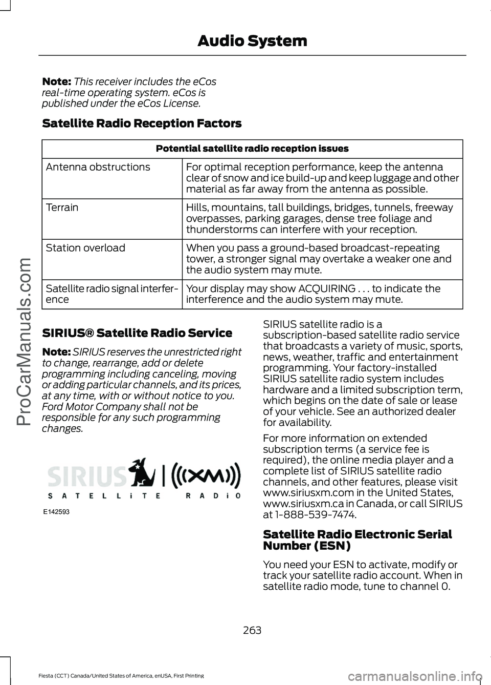 FORD FIESTA 2016 Owners Manual Note:
This receiver includes the eCos
real-time operating system. eCos is
published under the eCos License.
Satellite Radio Reception Factors Potential satellite radio reception issues
For optimal rec FORD FIESTA 2016 Owners Manual Note:
This receiver includes the eCos
real-time operating system. eCos is
published under the eCos License.
Satellite Radio Reception Factors Potential satellite radio reception issues
For optimal rec
