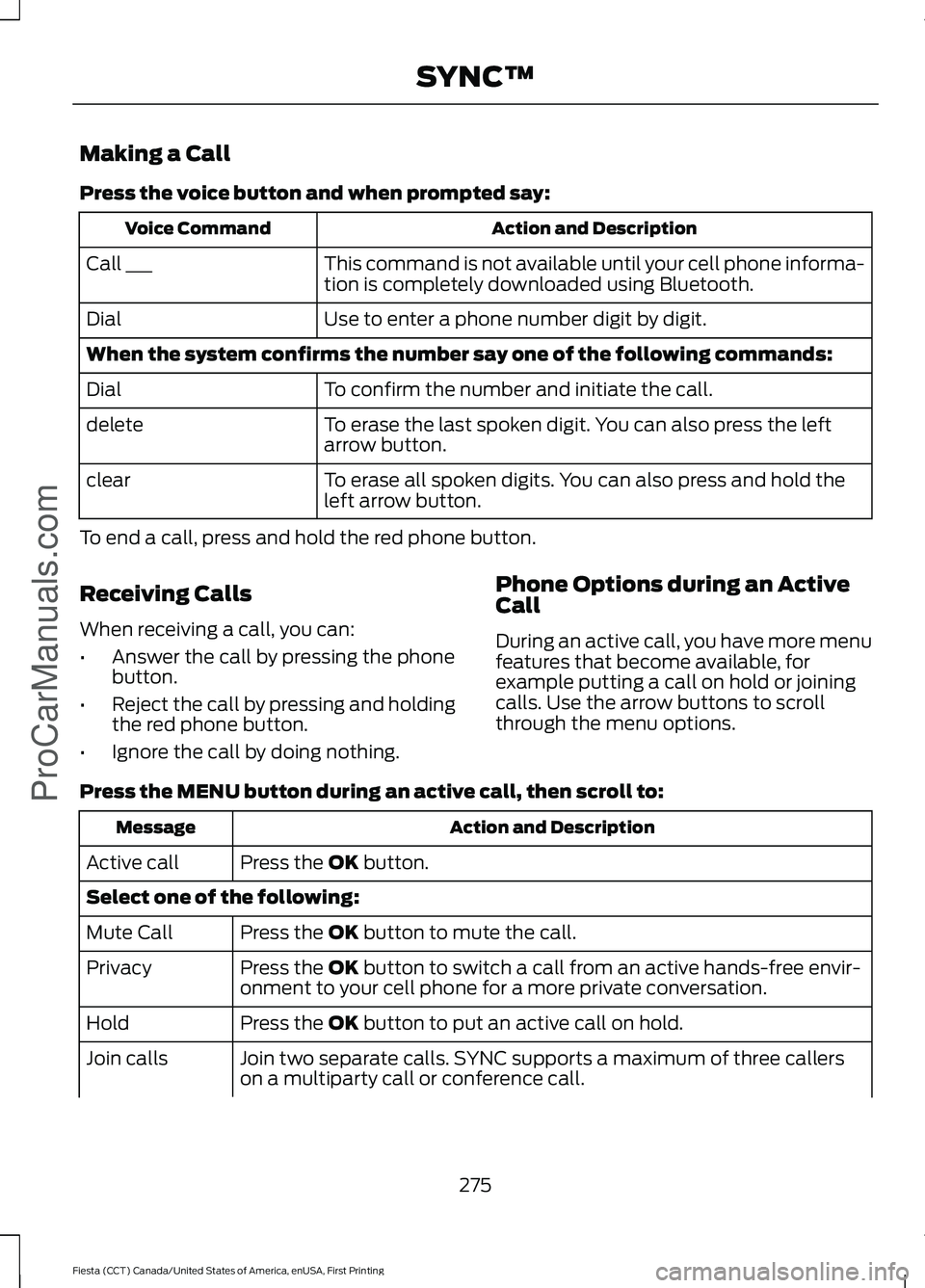 FORD FIESTA 2016 Owners Manual Making a Call
Press the voice button and when prompted say:
Action and Description
Voice Command
This command is not available until your cell phone informa-
tion is completely downloaded using Blueto FORD FIESTA 2016 Owners Manual Making a Call
Press the voice button and when prompted say:
Action and Description
Voice Command
This command is not available until your cell phone informa-
tion is completely downloaded using Blueto