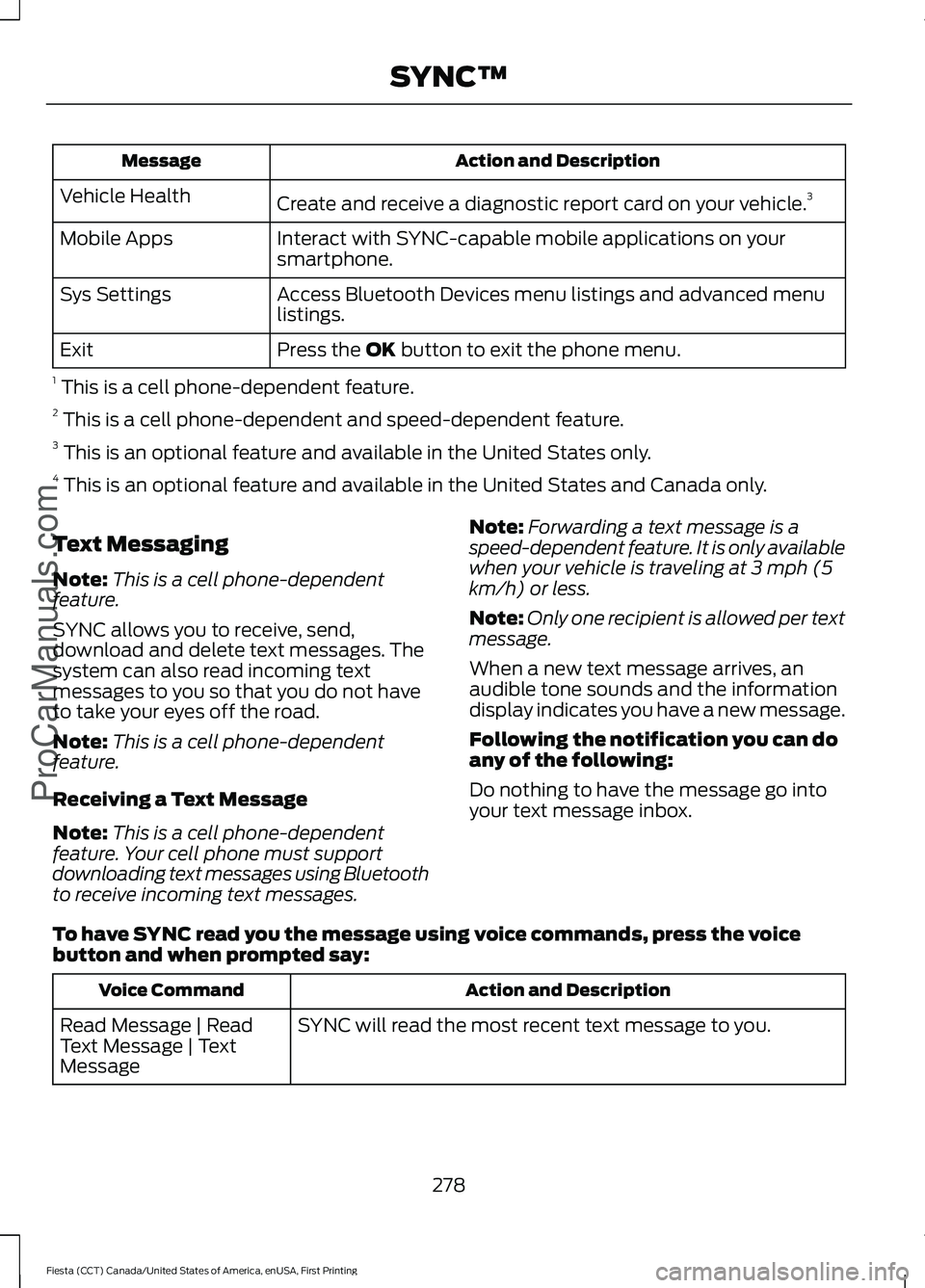 FORD FIESTA 2016 Owners Manual Action and Description
Message
Create and receive a diagnostic report card on your vehicle. 3
Vehicle Health
Interact with SYNC-capable mobile applications on your
smartphone.
Mobile Apps
Access Bluet FORD FIESTA 2016 Owners Manual Action and Description
Message
Create and receive a diagnostic report card on your vehicle. 3
Vehicle Health
Interact with SYNC-capable mobile applications on your
smartphone.
Mobile Apps
Access Bluet
