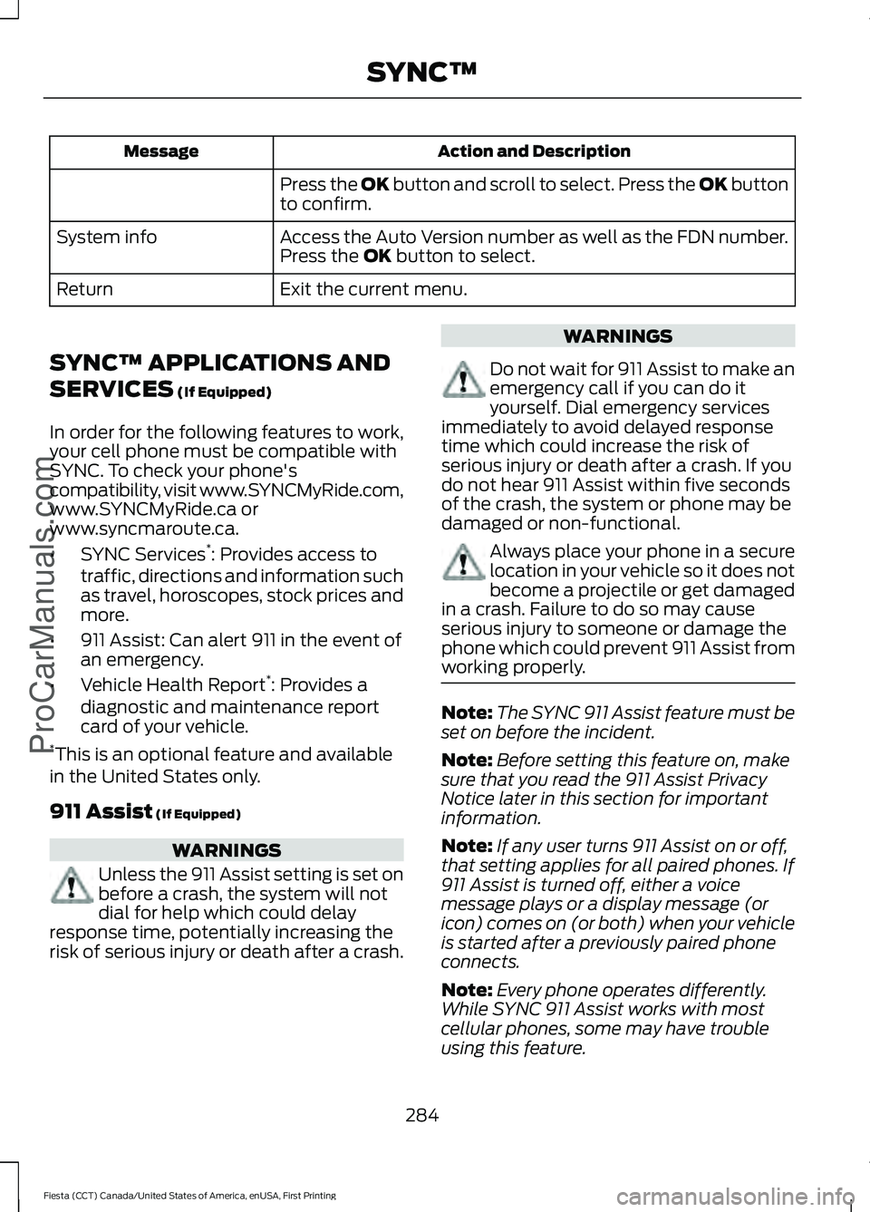 FORD FIESTA 2016 Owners Manual Action and Description
Message
Press the OK button and scroll to select. Press the OK button
to confirm.
Access the Auto Version number as well as the FDN number.
System info
Press the
OK button to s FORD FIESTA 2016 Owners Manual Action and Description
Message
Press the OK button and scroll to select. Press the OK button
to confirm.
Access the Auto Version number as well as the FDN number.
System info
Press the
OK button to s