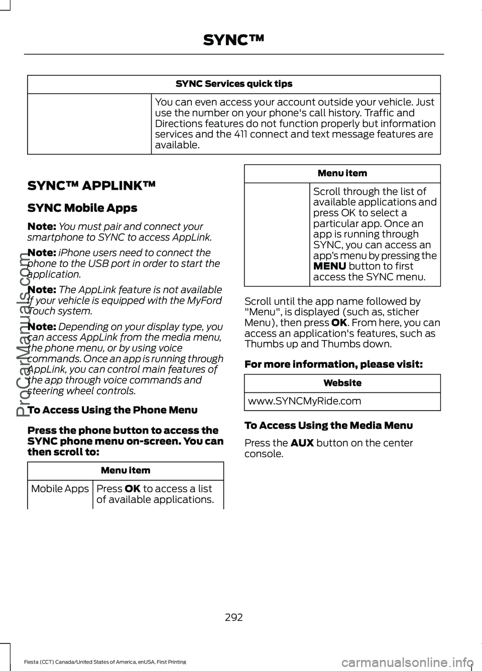 FORD FIESTA 2016 Owners Manual SYNC Services quick tips
You can even access your account outside your vehicle. Just
use the number on your phone's call history. Traffic and
Directions features do not function properly but infor FORD FIESTA 2016 Owners Manual SYNC Services quick tips
You can even access your account outside your vehicle. Just
use the number on your phone's call history. Traffic and
Directions features do not function properly but infor
