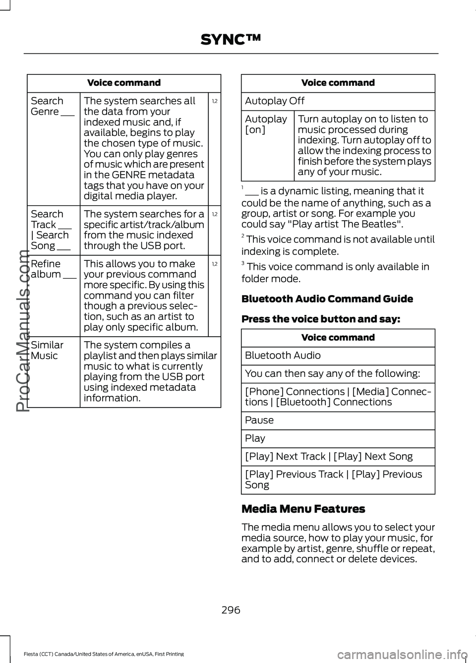 FORD FIESTA 2016 Owners Manual Voice command
1,2
The system searches all
the data from your
indexed music and, if
available, begins to play
the chosen type of music.
You can only play genres
of music which are present
in the GENRE FORD FIESTA 2016 Owners Manual Voice command
1,2
The system searches all
the data from your
indexed music and, if
available, begins to play
the chosen type of music.
You can only play genres
of music which are present
in the GENRE