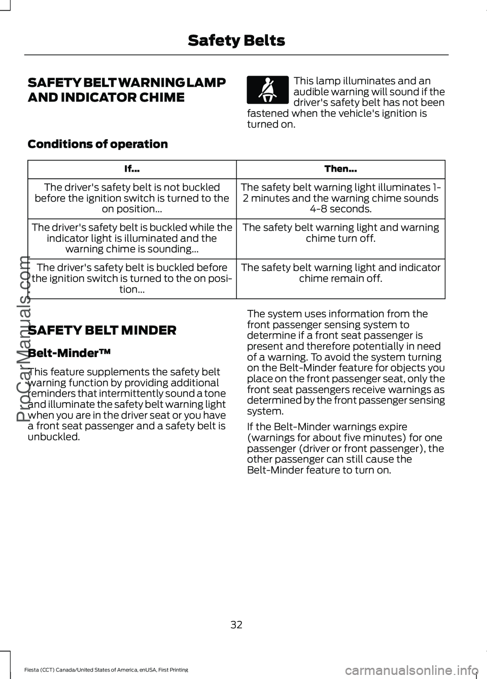 FORD FIESTA 2016  Owners Manual SAFETY BELT WARNING LAMP
AND INDICATOR CHIME This lamp illuminates and an
audible warning will sound if the
driver's safety belt has not been
fastened when the vehicle's ignition is
turned on.