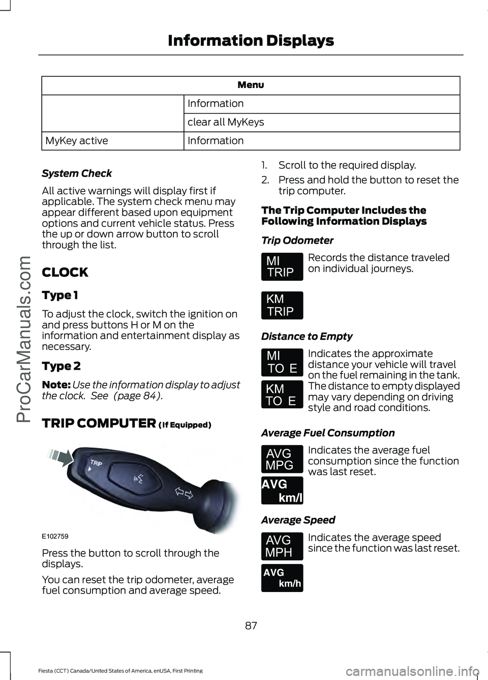 FORD FIESTA 2016 Manual Online Menu
Information
clear all MyKeys
Information
MyKey active
System Check
All active warnings will display first if
applicable. The system check menu may
appear different based upon equipment
options an FORD FIESTA 2016 Manual Online Menu
Information
clear all MyKeys
Information
MyKey active
System Check
All active warnings will display first if
applicable. The system check menu may
appear different based upon equipment
options an