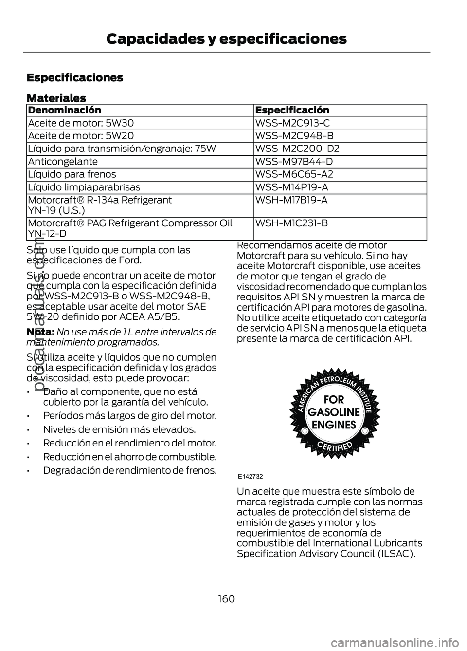 FORD FIGO 2017  Owners Manual Especificaciones
Materiales
Especificación
Denominación
WSS-M2C913-C
Aceite de motor: 5W30
WSS-M2C948-B
Aceite de motor: 5W20
WSS-M2C200-D2
Líquido para transmisión/engranaje: 75W
WSS-M97B44-D
Ant