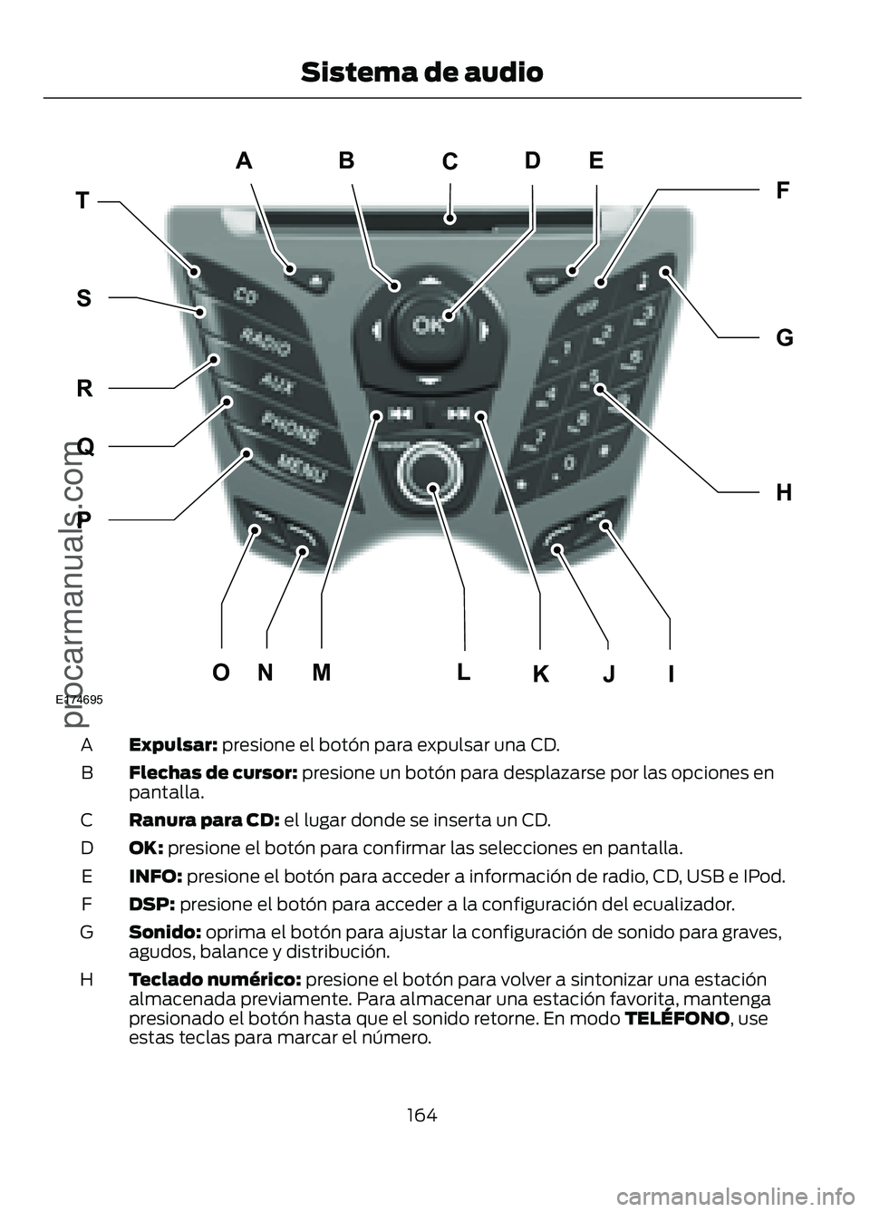 FORD FIGO 2017  Owners Manual Expulsar: presione el botón para expulsar una CD.
A
Flechas de cursor:
 presione un botón para desplazarse por las opciones en
pantalla.
B
Ranura para CD:
 el lugar donde se inserta un CD.
C
OK:
 pr