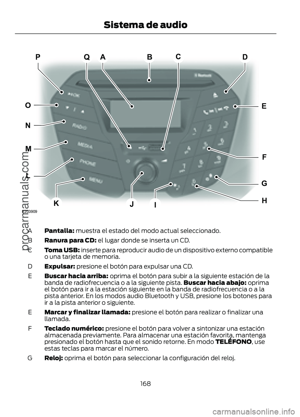 FORD FIGO 2017  Owners Manual Pantalla: muestra el estado del modo actual seleccionado.
A
Ranura para CD:
 el lugar donde se inserta un CD.
B
Toma USB:
 inserte para reproducir audio de un dispositivo externo compatible
o una tarj