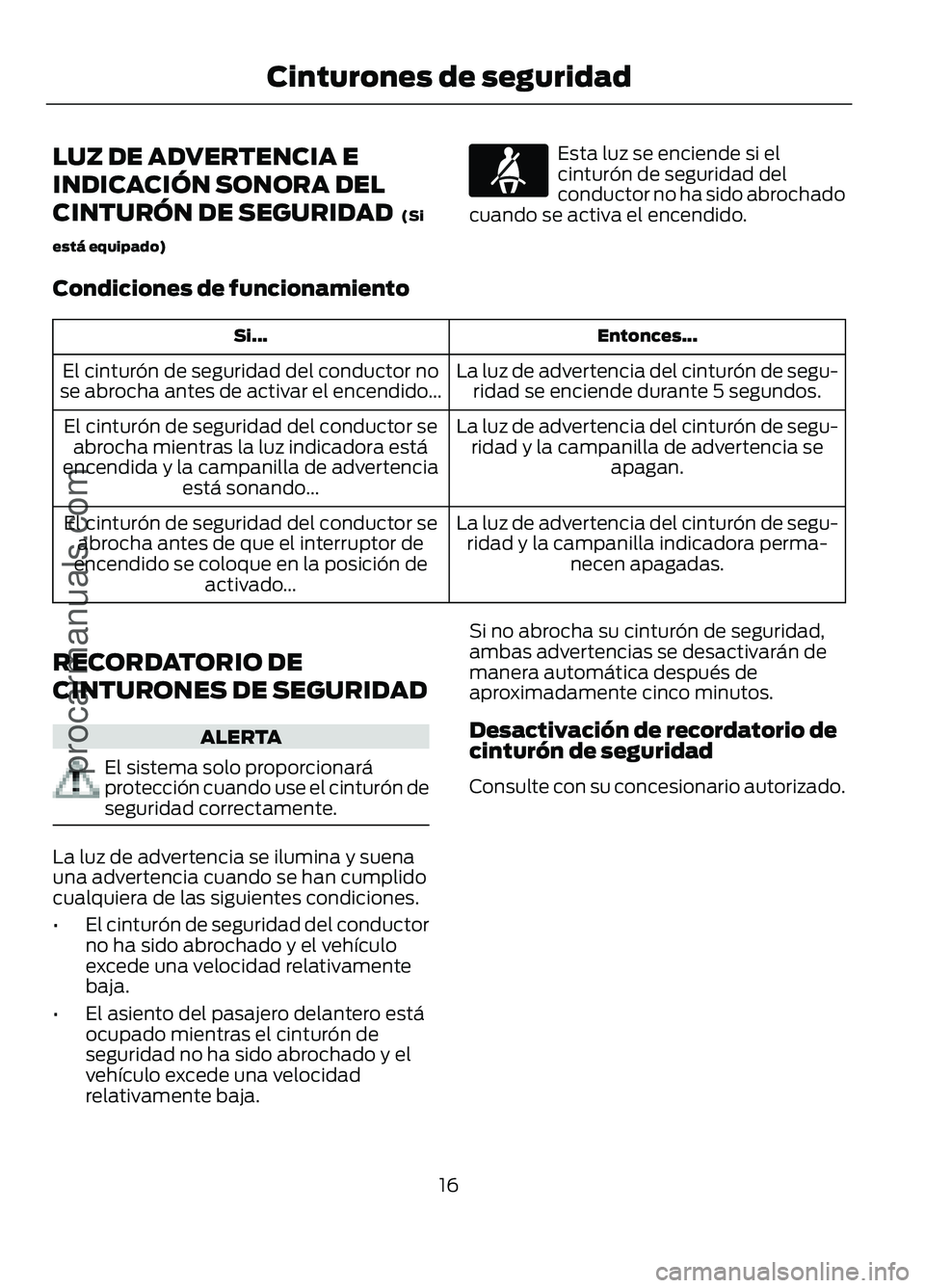 FORD FIGO 2017 User Guide LUZ DE ADVERTENCIA E
INDICACIÓN SONORA DEL
CINTURÓN DE SEGURIDAD (Si
está equipado) Esta luz se enciende si el
cinturón de seguridad del
conductor no ha sido abrochado
cuando se activa el encendi FORD FIGO 2017 User Guide LUZ DE ADVERTENCIA E
INDICACIÓN SONORA DEL
CINTURÓN DE SEGURIDAD (Si
está equipado) Esta luz se enciende si el
cinturón de seguridad del
conductor no ha sido abrochado
cuando se activa el encendi