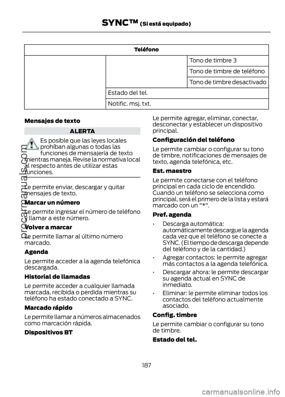 FORD FIGO 2017 Owners Manual Teléfono
Tono de timbre 3
Tono de timbre de teléfono
Tono de timbre desactivado
Estado del tel.
Notific. msj. txt.
Mensajes de texto ALERTA
Es posible que las leyes locales
prohíban algunas o todas FORD FIGO 2017 Owners Manual Teléfono
Tono de timbre 3
Tono de timbre de teléfono
Tono de timbre desactivado
Estado del tel.
Notific. msj. txt.
Mensajes de texto ALERTA
Es posible que las leyes locales
prohíban algunas o todas