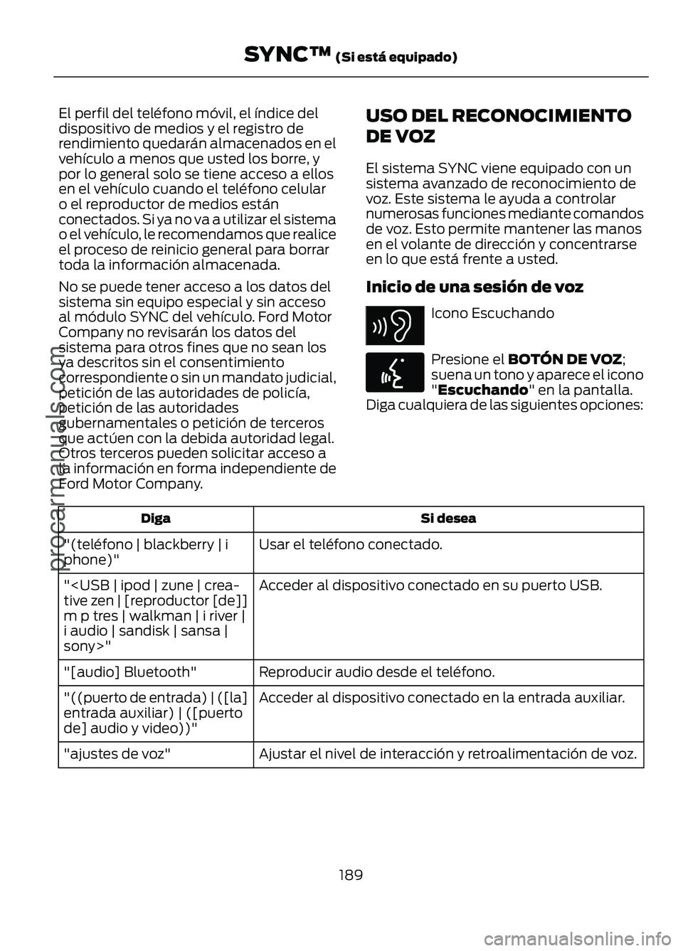 FORD FIGO 2017 Owners Manual El perfil del teléfono móvil, el índice del
dispositivo de medios y el registro de
rendimiento quedarán almacenados en el
vehículo a menos que usted los borre, y
por lo general solo se tiene acce FORD FIGO 2017 Owners Manual El perfil del teléfono móvil, el índice del
dispositivo de medios y el registro de
rendimiento quedarán almacenados en el
vehículo a menos que usted los borre, y
por lo general solo se tiene acce