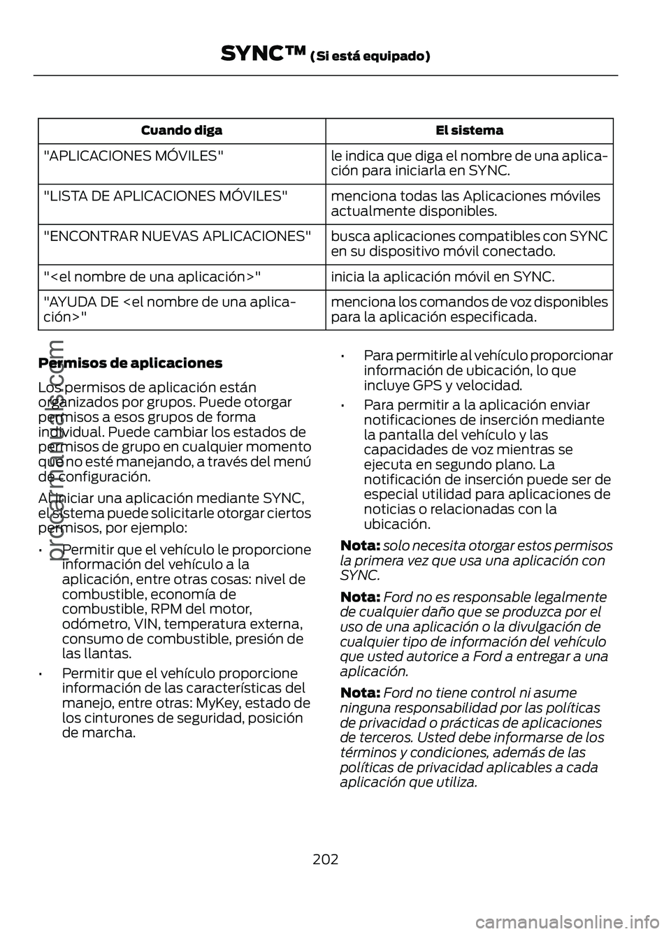FORD FIGO 2017 Owners Manual El sistema
Cuando diga
le indica que diga el nombre de una aplica-
ción para iniciarla en SYNC.
"APLICACIONES MÓVILES"
menciona todas las Aplicaciones móviles
actualmente disponibles.
" FORD FIGO 2017 Owners Manual El sistema
Cuando diga
le indica que diga el nombre de una aplica-
ción para iniciarla en SYNC.
"APLICACIONES MÓVILES"
menciona todas las Aplicaciones móviles
actualmente disponibles.
"