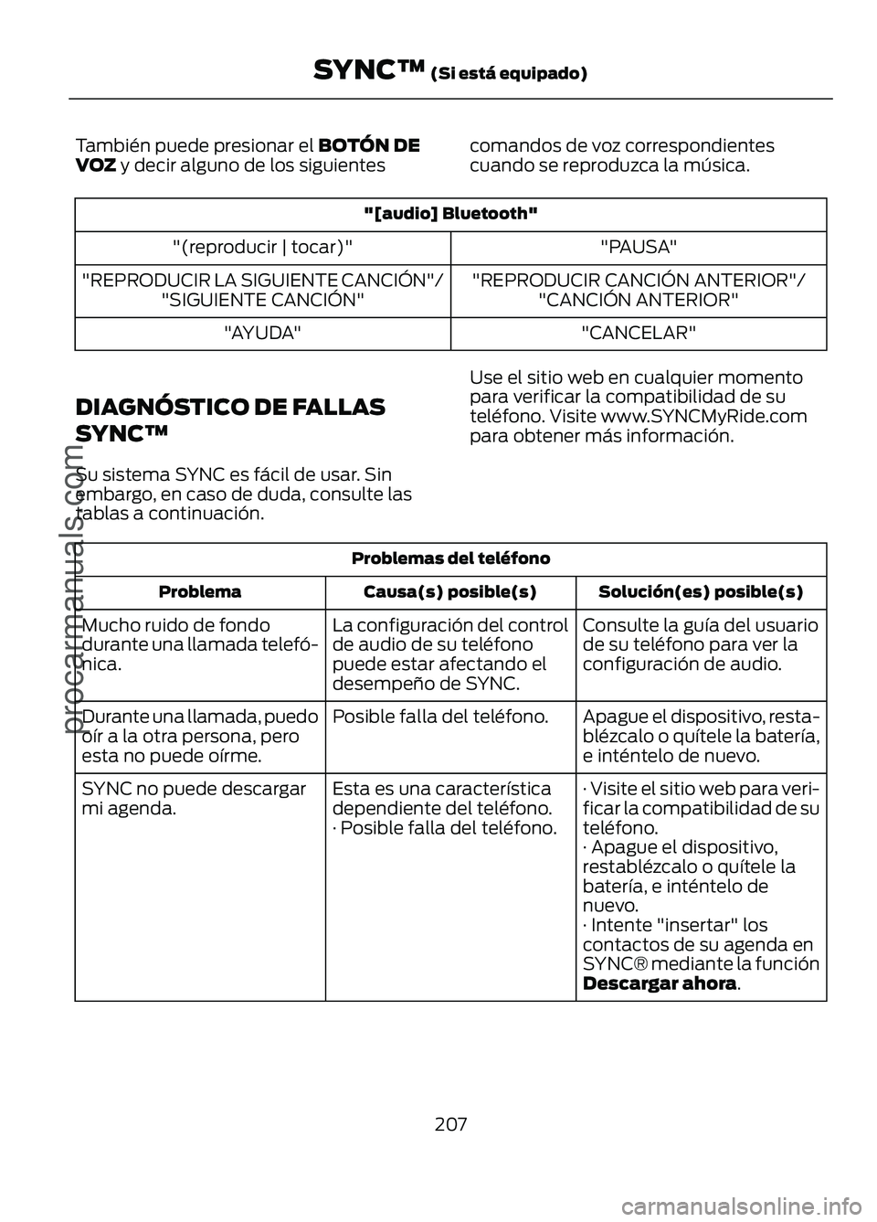 FORD FIGO 2017 Owners Manual También puede presionar el BOTÓN DE
VOZ y decir alguno de los siguientes comandos de voz correspondientes
cuando se reproduzca la música."[audio] Bluetooth"
"PAUSA"
"(reproducir