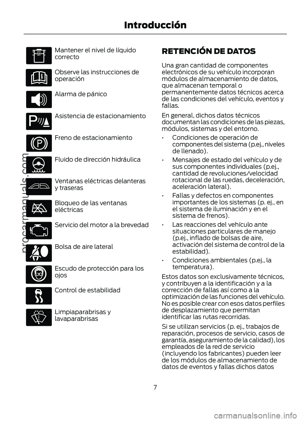 FORD FIGO 2017  Owners Manual Mantener el nivel de líquido
correcto
Observe las instrucciones de
operación
Alarma de pánico
Asistencia de estacionamiento
Freno de estacionamiento
Fluido de dirección hidráulica
Ventanas eléct