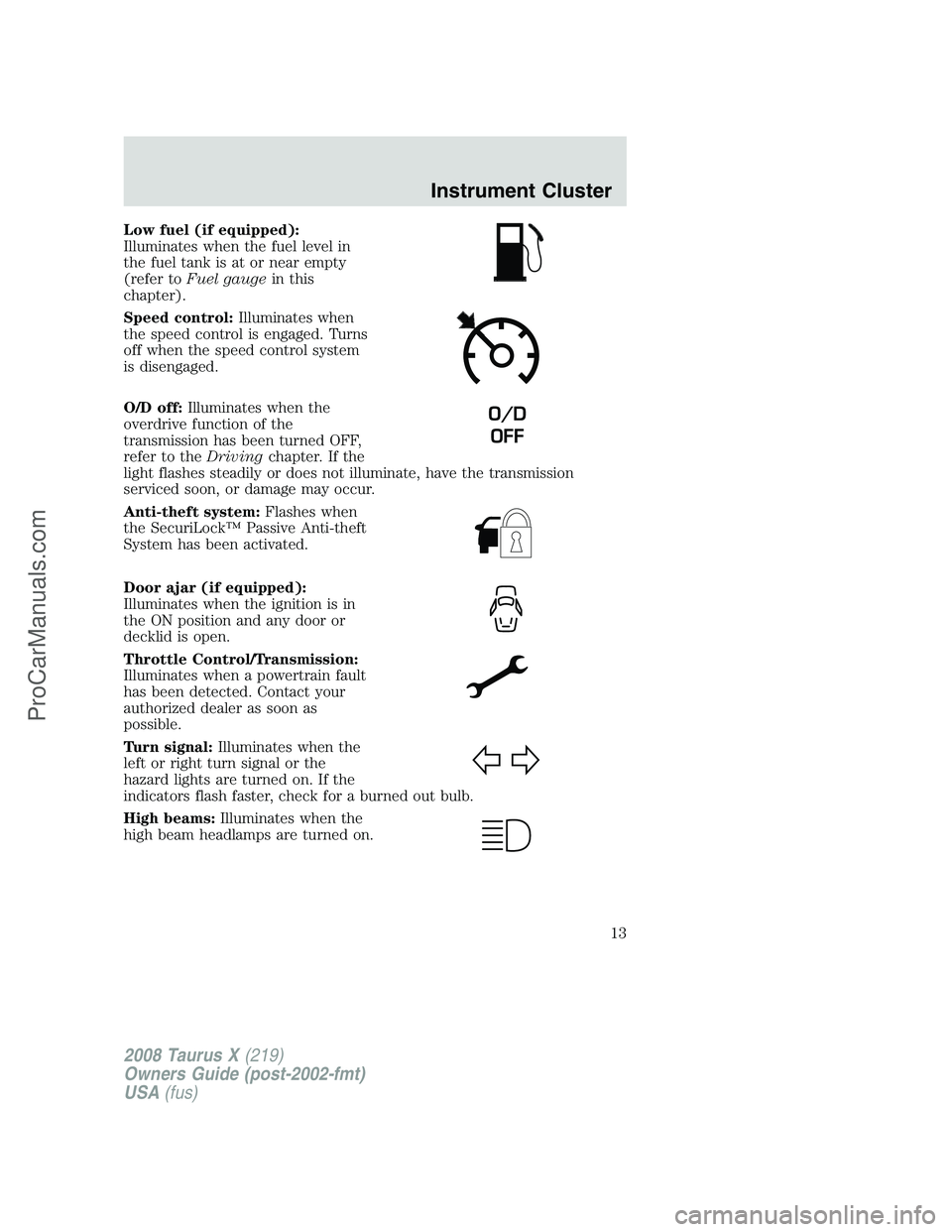 FORD FREESTYLE 2008 User Guide Low fuel (if equipped):
Illuminates when the fuel level in
the fuel tank is at or near empty
(refer toFuel gaugein this
chapter).
Speed control:Illuminates when
the speed control is engaged. Turns
off FORD FREESTYLE 2008 User Guide Low fuel (if equipped):
Illuminates when the fuel level in
the fuel tank is at or near empty
(refer toFuel gaugein this
chapter).
Speed control:Illuminates when
the speed control is engaged. Turns
off
