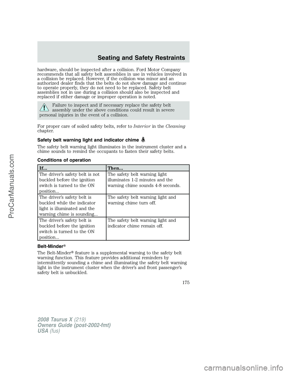 FORD FREESTYLE 2008  Owners Manual hardware, should be inspected after a collision. Ford Motor Company
recommends that all safety belt assemblies in use in vehicles involved in
a collision be replaced. However, if the collision was min