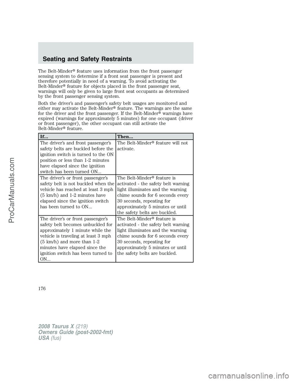 FORD FREESTYLE 2008  Owners Manual The Belt-Minderfeature uses information from the front passenger
sensing system to determine if a front seat passenger is present and
therefore potentially in need of a warning. To avoid activating t
