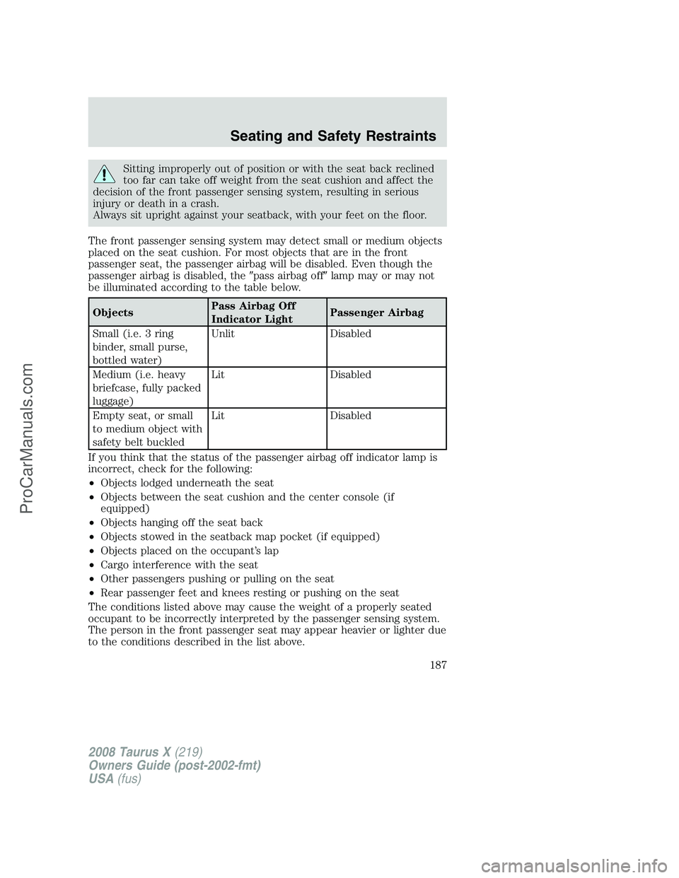 FORD FREESTYLE 2008 Owners Manual Sitting improperly out of position or with the seat back reclined
too far can take off weight from the seat cushion and affect the
decision of the front passenger sensing system, resulting in serious
FORD FREESTYLE 2008 Owners Manual Sitting improperly out of position or with the seat back reclined
too far can take off weight from the seat cushion and affect the
decision of the front passenger sensing system, resulting in serious