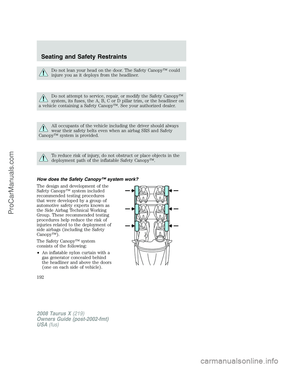 FORD FREESTYLE 2008 Owners Manual Do not lean your head on the door. The Safety Canopy™ could
injure you as it deploys from the headliner.
Do not attempt to service, repair, or modify the Safety Canopy™
system, its fuses, the A, B FORD FREESTYLE 2008 Owners Manual Do not lean your head on the door. The Safety Canopy™ could
injure you as it deploys from the headliner.
Do not attempt to service, repair, or modify the Safety Canopy™
system, its fuses, the A, B