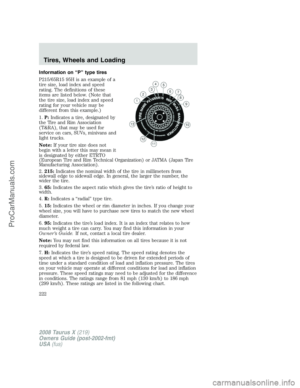 FORD FREESTYLE 2008 Owners Manual Information on “P” type tires
P215/65R15 95H is an example of a
tire size, load index and speed
rating. The definitions of these
items are listed below. (Note that
the tire size, load index and sp FORD FREESTYLE 2008 Owners Manual Information on “P” type tires
P215/65R15 95H is an example of a
tire size, load index and speed
rating. The definitions of these
items are listed below. (Note that
the tire size, load index and sp