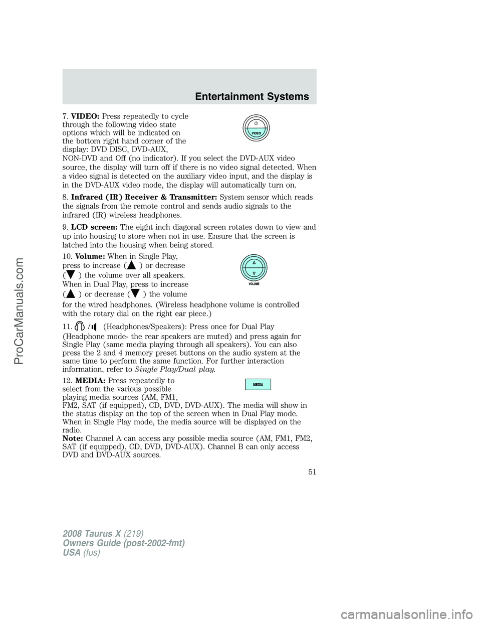 FORD FREESTYLE 2008 Workshop Manual 7.VIDEO:Press repeatedly to cycle
through the following video state
options which will be indicated on
the bottom right hand corner of the
display: DVD DISC, DVD-AUX,
NON-DVD and Off (no indicator). I FORD FREESTYLE 2008 Workshop Manual 7.VIDEO:Press repeatedly to cycle
through the following video state
options which will be indicated on
the bottom right hand corner of the
display: DVD DISC, DVD-AUX,
NON-DVD and Off (no indicator). I