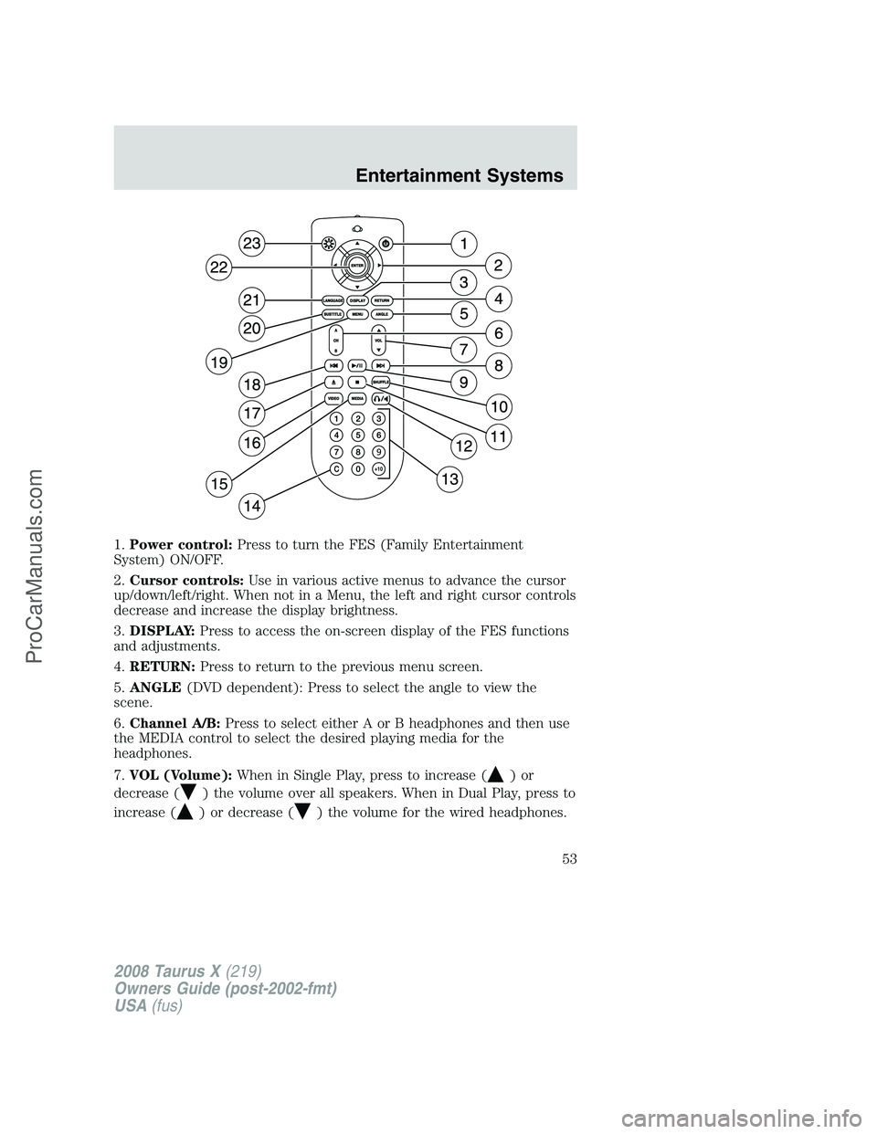 FORD FREESTYLE 2008 Workshop Manual 1.Power control:Press to turn the FES (Family Entertainment
System) ON/OFF.
2.Cursor controls:Use in various active menus to advance the cursor
up/down/left/right. When not in a Menu, the left and rig FORD FREESTYLE 2008 Workshop Manual 1.Power control:Press to turn the FES (Family Entertainment
System) ON/OFF.
2.Cursor controls:Use in various active menus to advance the cursor
up/down/left/right. When not in a Menu, the left and rig