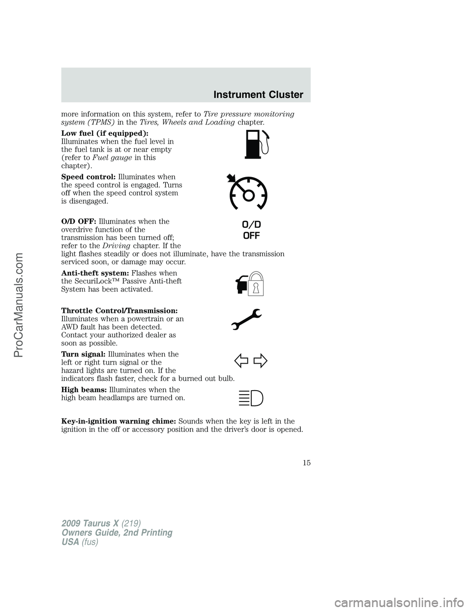 FORD FREESTYLE 2009 User Guide more information on this system, refer toTire pressure monitoring
system (TPMS)in theTires, Wheels and Loadingchapter.
Low fuel (if equipped):
Illuminates when the fuel level in
the fuel tank is at or FORD FREESTYLE 2009 User Guide more information on this system, refer toTire pressure monitoring
system (TPMS)in theTires, Wheels and Loadingchapter.
Low fuel (if equipped):
Illuminates when the fuel level in
the fuel tank is at or