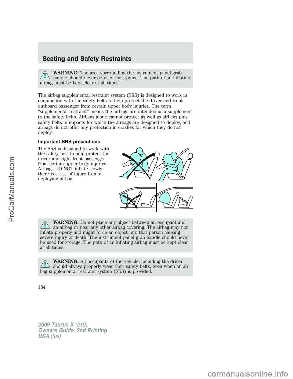 FORD FREESTYLE 2009  Owners Manual WARNING:The area surrounding the instrument panel grab
handle should never be used for storage. The path of an inflating
airbag must be kept clear at all times.
The airbag supplemental restraint syste