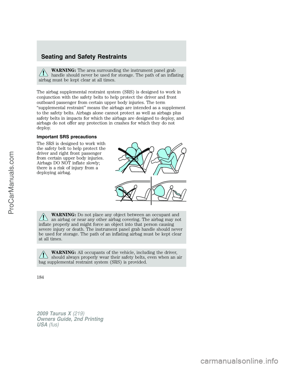 FORD FREESTYLE 2009  Owners Manual WARNING:The area surrounding the instrument panel grab
handle should never be used for storage. The path of an inflating
airbag must be kept clear at all times.
The airbag supplemental restraint syste