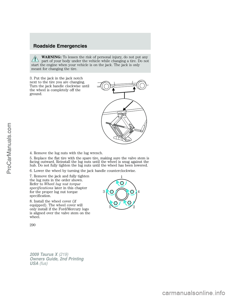 FORD FREESTYLE 2009  Owners Manual WARNING:To lessen the risk of personal injury, do not put any
part of your body under the vehicle while changing a tire. Do not
start the engine when your vehicle is on the jack. The jack is only
mean