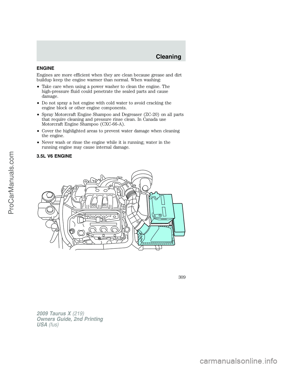 FORD FREESTYLE 2009  Owners Manual ENGINE
Engines are more efficient when they are clean because grease and dirt
buildup keep the engine warmer than normal. When washing:
•Take care when using a power washer to clean the engine. The
